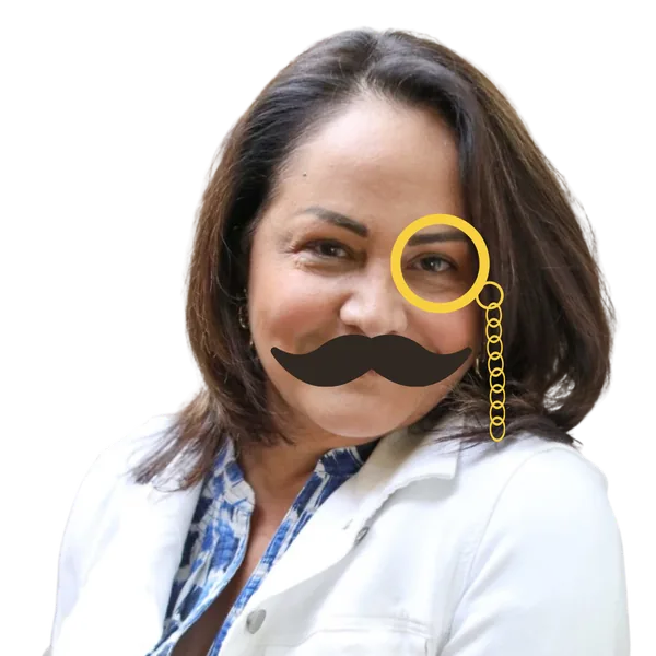 Adrienne Valencia Garcia, detective portrait with mustache and monocle overlay.