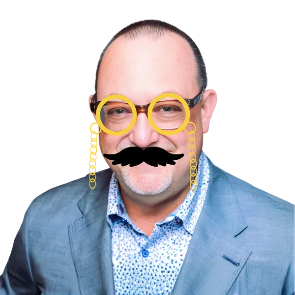 Jonathan Perkel, detective portrait with mustache and monocle overlay.