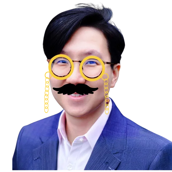 Kay Lee, detective portrait with mustache and monocle overlay.