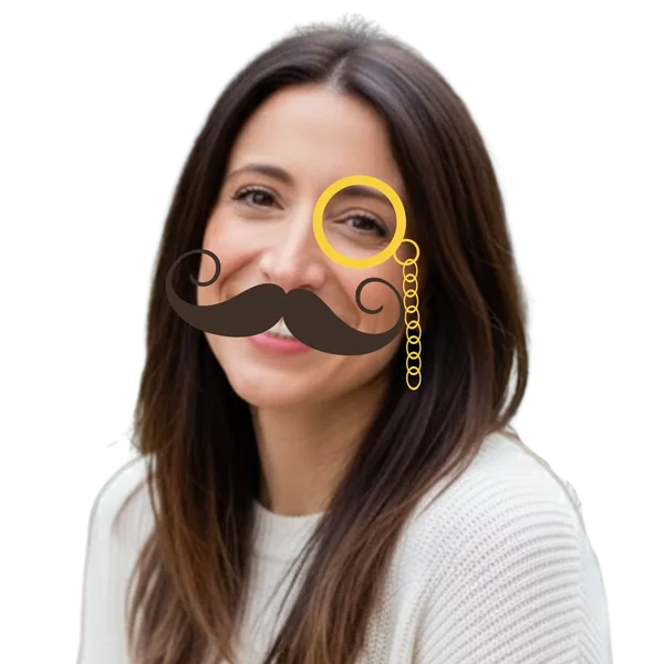 Laura Belmont, detective portrait with mustache and monocle overlay.
