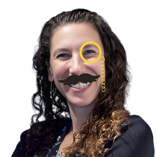 Laurie Ehrlich, detective portrait with mustache and monocle overlay.
